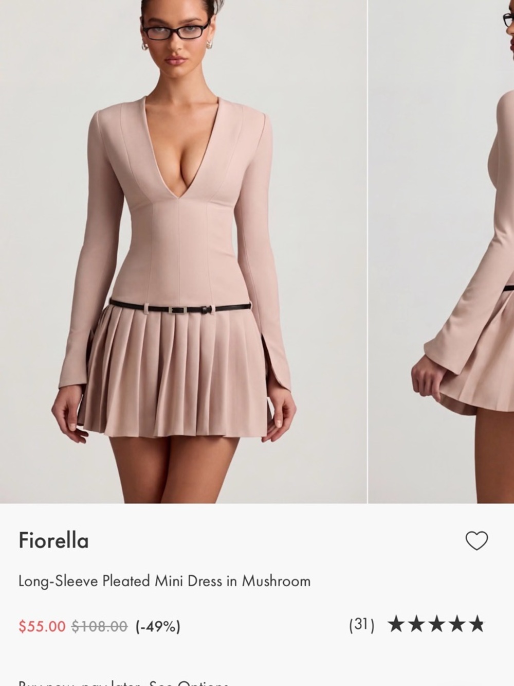 Oh Polly Long-Sleeve Pleated Mini Dress in Mushroom Pink